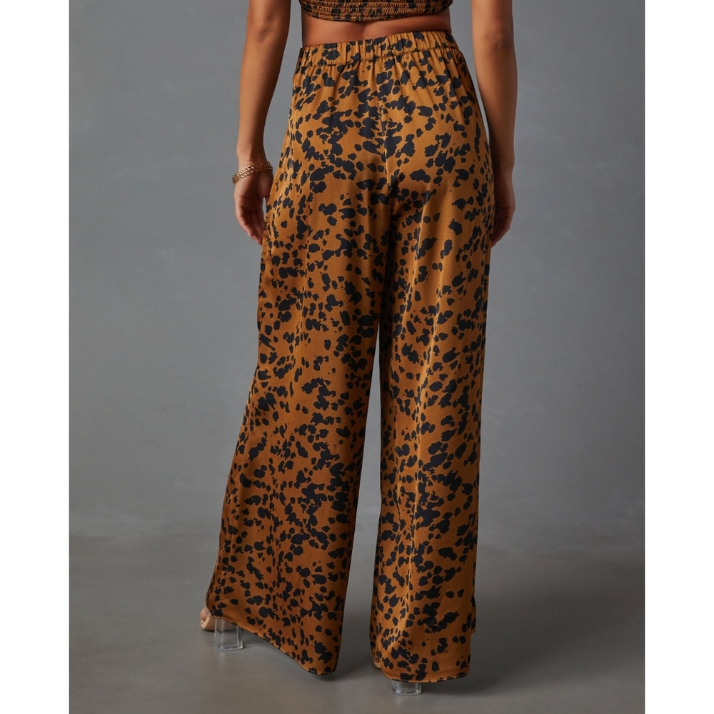 . Vici Brown & Black Leopard Print High Waist Wide Leg Trouser Pants - Picture 2 of 7